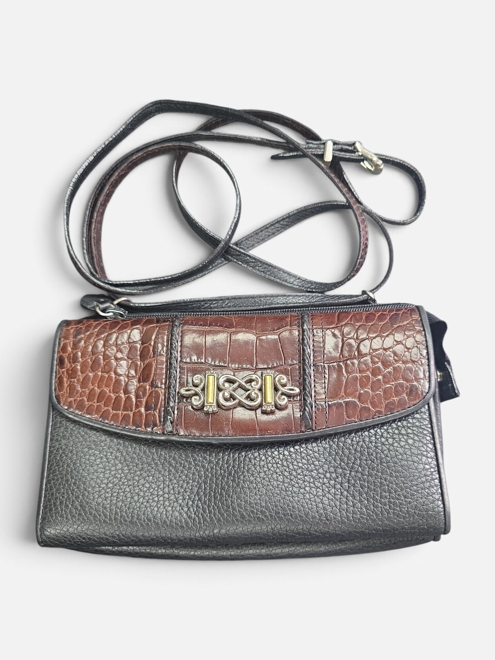 Brighton Two-Tone Brown Croc-Texture & Black Pebbled Leather Crossbody Bag